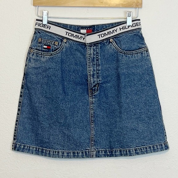 Vintage 90s Tommy Hilfiger Logo Waistband Denim Mini Skirt 8 - Picture 1 of 7